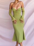 goosudu  Elegant Halter Midi Dress for Women Summer Sexy Backless Club Party Green Mesh Sheer Dresses Gown Vestido Clothes