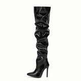 Stretch Over-the-knee Boots Women Fashion Pointed Toe Black Side Zipper Thin High Heels Female Shiny Pleated High Heel Botas