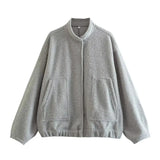 Spring Women's Bombers Jackets Grey Outwear With Button Solid Long Sleeve Top Oversized Coat Casual Loose Warm Female