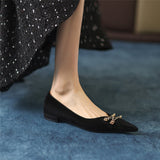 Black Loafer Shoes Women Spring Suede Sheepskin Low Heel Luxury Pumps for Ladies Metal Decoration Pointed Toe Handmade 42