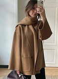 Elegant Woolen Trench Scarf Collar Coat Women Fashion Vintage Windbreakers Jacket Winter Loose Single Breasted Warm Outerwear