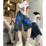 Women's Short Blue Summer Printing High Waist Jeans Y2K Baggy Straight Five Points Trousers Vintage Wide Leg Black Short Pants