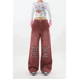 Women's Vintage Red Baggy Jeans 90s Aesthetic High Waist Denim Trousers Korean 2000s Y2k Harajuku Wide Pants Trashy Clothes