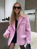 Pink Lapel Woolen Elegant Women Autumn Winter Coat Long Sleeve Single Breasted Loose Oversized Jacket Chic Casual Outwears