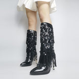 goosudu  Fashion Pointed Toe Fringe Sequined Mid Calf Boots For Women Zip Metallic Glitter Sexy Elegant Dress Long Shoes