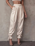 Goosudu  Satin Lace Up High Waist Harem Pants Zipper Women Autumn Pleated Loose Pockets Long Trousers Casual Office Ladies Pant