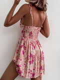 Casual Floral Elegant French Dress Summer Women Sexy Backless Bandage Halter Pink Flower Print Beach Style Mini Dress