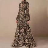 goosudu  Retro Floral Leopard Print Long Dress Spring Autumn Women Long Sleeve Maxi Dress High Fashion Halter Hollow Out Party Dress