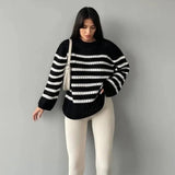 Black and White Striped Sweater Woman Hollow Out Knitted Jumper Oversized Sweater Autumn Winter Pullover Knitwear