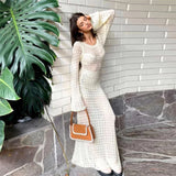 Summer Y2K Knitted Hollow Out Maxi Dress Beach Holiday See Through Cover-Ups Wrap Bodycon Chic Women Backless Long Dresses