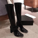 goosudu High Heel Women Long Boots High Quality Leather Patent Leather Ladies Zip Knight Boots Fashion High Heel Knee-high Boots