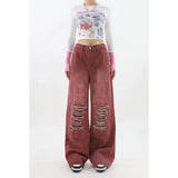 Women's Vintage Red Baggy Jeans 90s Aesthetic High Waist Denim Trousers Korean 2000s Y2k Harajuku Wide Pants Trashy Clothes