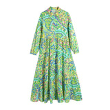 Paisley Print Shirt Dress Elegant Autumn Spring Green Dress Floral Print Boho Female Maxi Dress Long Sleeve Dress