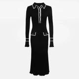 Ruffled Fashion Knit Dress Women Autumn Ribbed Contrast Long Sleeve High Waist Lapel Gown Dress Knitwear Ladies Maxi Dress