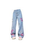 Women's Blue Butterfly Jeans Baggy Vintage Y2k Denim Trousers 2000s Harajuku Wide Leg Cowboy Pants Trashy 90s Aesthetic Clothes