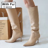 goosudu Ins Women Real Leather Knee High Boots For Women Winter Shoes Sexy Party Thin Heel Boots Ladies Footwear Size 34-43