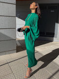 Beading Dark Green Stand Collar Flare Sleeve Satin Maxi Dress Party Women Elegant Long Spring Summer Robe Vestidos