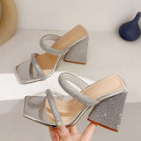 Runway Style Glitter Rhinestones Triangle Thick Heel Slippers Sexy Street Woman Square Toe Dress Party Shoes Summer Sandal