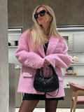 Pink Lapel Woolen Elegant Women Autumn Winter Coat Long Sleeve Single Breasted Loose Oversized Jacket Chic Casual Outwears