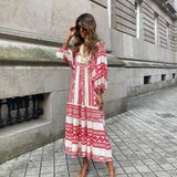 Women Boho Maxi Dress Floral Geometric Print Summer Holiday Dress V Neck Ankle-length Collage Drawstring Loose Vestidos Bobe