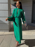 Beading Dark Green Stand Collar Flare Sleeve Satin Maxi Dress Party Women Elegant Long Spring Summer Robe Vestidos