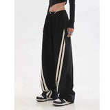 Women Autumn Winter High Waist Contrast Color Drawstring Tie Up Sweatpants High Street Wide Leg Straight Cylinder Lady Trousers