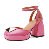 goosudu Women Shoes Summer  Leather Thick High Heels Platform Shoes Black Beige Sweet Dress Party Wedding Mary Janes Pumps