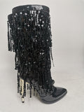 Fashion Pointed Toe Fringe Sequined Mid Calf Boots For Women Zip Metallic Glitter Sexy Elegant Dress Long Shoes