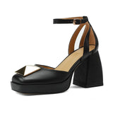 goosudu Women Shoes Summer  Leather Thick High Heels Platform Shoes Black Beige Sweet Dress Party Wedding Mary Janes Pumps