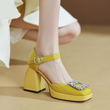 goosudu Women Shoes Summer  Leather Thick High Heels Platform Shoes Black Beige Sweet Dress Party Wedding Mary Janes Pumps