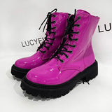 Lace Up Pink Ankle Boots Woman Patent Leather Platform Motorcycle Boots Woman Thick Heels Zipper Short Booties