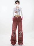 Women's Vintage Red Baggy Jeans 90s Aesthetic High Waist Denim Trousers Korean 2000s Y2k Harajuku Wide Pants Trashy Clothes