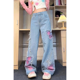 Women's Blue Butterfly Jeans Baggy Vintage Y2k Denim Trousers 2000s Harajuku Wide Leg Cowboy Pants Trashy 90s Aesthetic Clothes