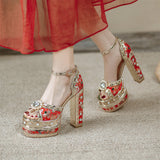 goosudu Luxury Gold Metallic Women Sandals Studded Square Heels Female Shoes Platform Flower Crystal Sexy Peep Toe Summer Ladies Pumps