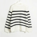 Black and White Striped Sweater Woman Hollow Out Knitted Jumper Oversized Sweater Autumn Winter Pullover Knitwear