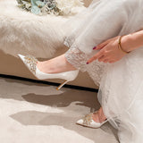 goosudu Spring New White Women Bridal Wedding Shoes Faux Silk Satin Rhinestone Crystal Shallow Pumps Stiletto High Heel T