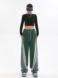 Women Autumn Winter High Waist Contrast Color Drawstring Tie Up Sweatpants High Street Wide Leg Straight Cylinder Lady Trousers