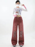 Women's Vintage Red Baggy Jeans 90s Aesthetic High Waist Denim Trousers Korean 2000s Y2k Harajuku Wide Pants Trashy Clothes