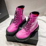 Lace Up Pink Ankle Boots Woman Patent Leather Platform Motorcycle Boots Woman Thick Heels Zipper Short Booties