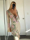 Elegant V Neck Floral Print Long Sleeve Ruffles Maxi Dress For Women  Sexy Bodycon Beach Holiday Long Dresses