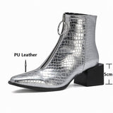 goosudu Big Size 34-48 Ankle Boots Women Silver Black Front Zipper Short Boots Ladies Thick Chunky Medium Heel Biker Boot Shoes