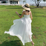 Summer Women Maxi Long Sundress Suspenders Solid Ruffls Fairy Vestidos Long Elegant Feminine Holiday Beach Romantic Dress