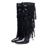 goosudu  Fashion Pointed Toe Fringe Sequined Mid Calf Boots For Women Zip Metallic Glitter Sexy Elegant Dress Long Shoes