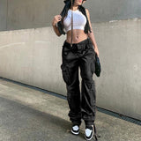 Loose low waist retro multi pocket denim pants street cargo pants  denim joggers  Casual  Wild style