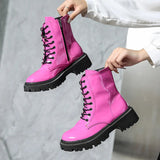 Lace Up Pink Ankle Boots Woman Patent Leather Platform Motorcycle Boots Woman Thick Heels Zipper Short Booties