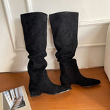 Knee- High Boots LadySlip On Simple Pleated  Stretch Suede Winter Botas Big Circumference Spring Autumn Woman Boots Large Size43