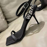 Style Square Toe Women Sandals Crystal Letters Decorative Women High Heels Sexy Shoes Women's Banquet Wedding Shoes Women