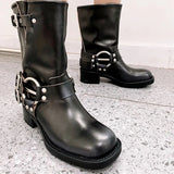 Rimocy Fashion Buckle Motorcycle Boots Women Round Toe Med Heels Ankle Boots Woman Pu Leather Square Heel Autumn Booties