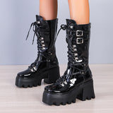 Punk Thick Platform Long Boots Women Autumn Metal Buckle Pu Leather Boots Shoes Woman Chunky Heels Mid Calf Botas Mujer