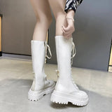 PU Leather Knee Length Long Boots Ultra Fine Fiber Skinny Waterproof Platform Round Toe High Heels Footwear Botas